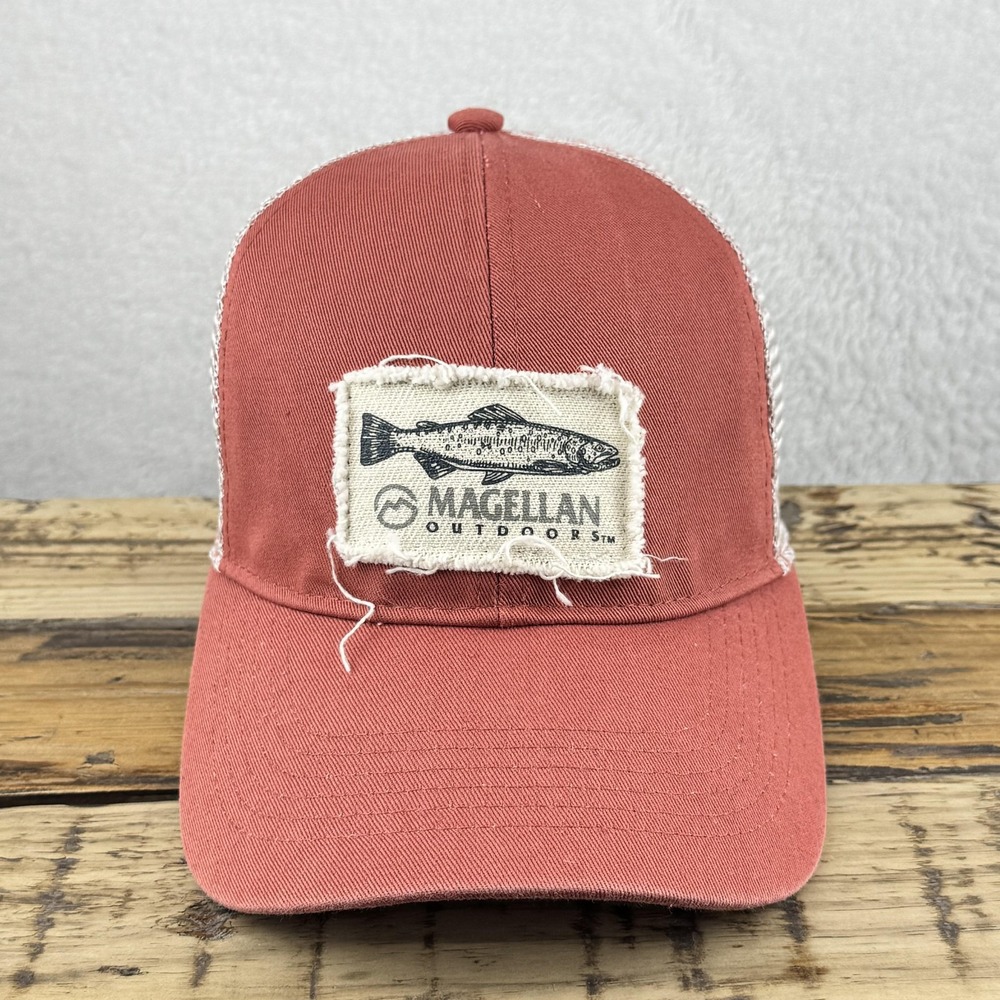 Magellan Outdoors Hat Cap Snap Back‎ Mens Red White Mesh Trucker Fishing